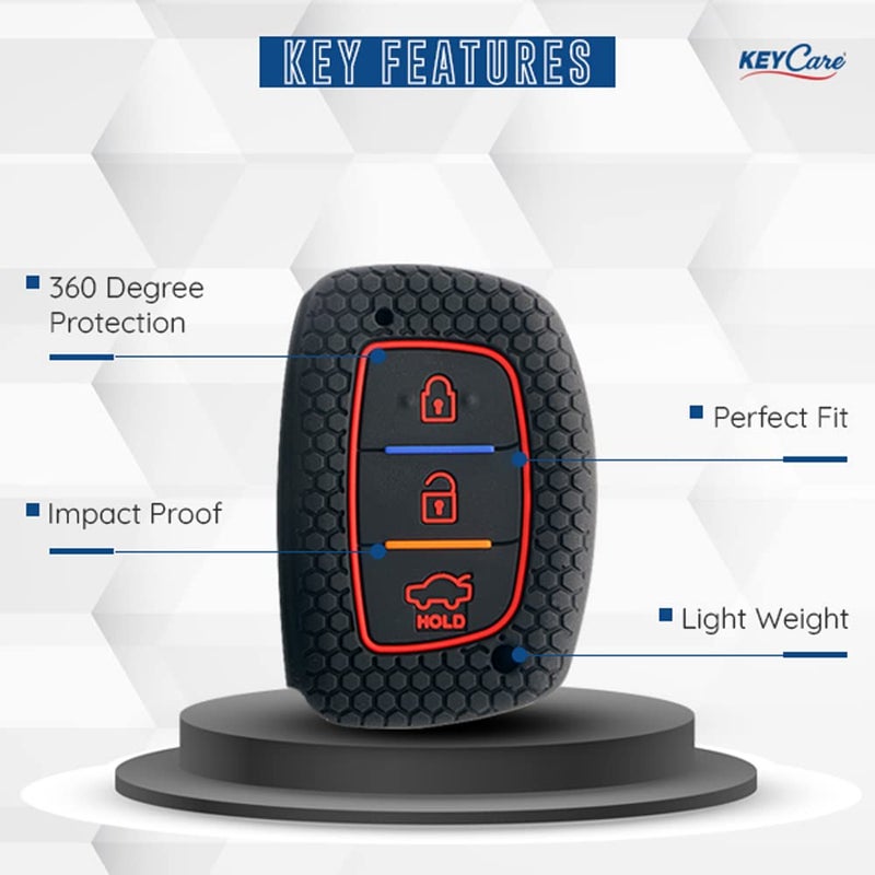 KeyZone Keycare Compatible Silicone Key Cover for, Elite i20, Active i20, Aura, Verna 4s, Xcent, Tucson, Elantra 3 Button Smart Key (Push Button Start Models only) (Red with Alloy Key Holder Red) - Image 2