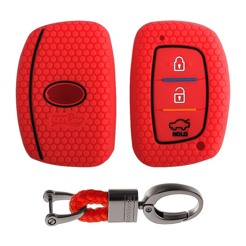 KeyZone Keycare Compatible Silicone Key Cover for, Elite i20, Active i20, Aura, Verna 4s, Xcent, Tucson, Elantra 3 Button Smart Key (Push Button Start Models only) (Red with Alloy Key Holder Red) - Image 1