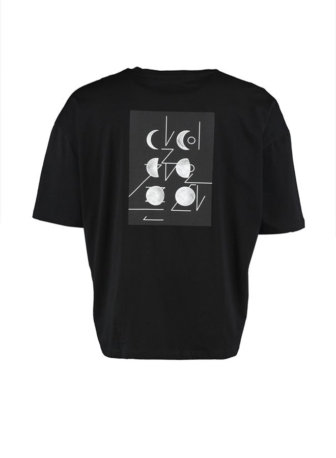 trendyol Black Oversize/Wide Cut Short Sleeve Space Print 100% Cotton T-Shirt - Image 5