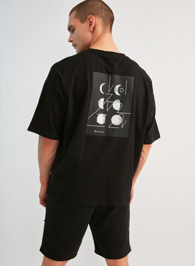 trendyol Black Oversize/Wide Cut Short Sleeve Space Print 100% Cotton T-Shirt - Image 1