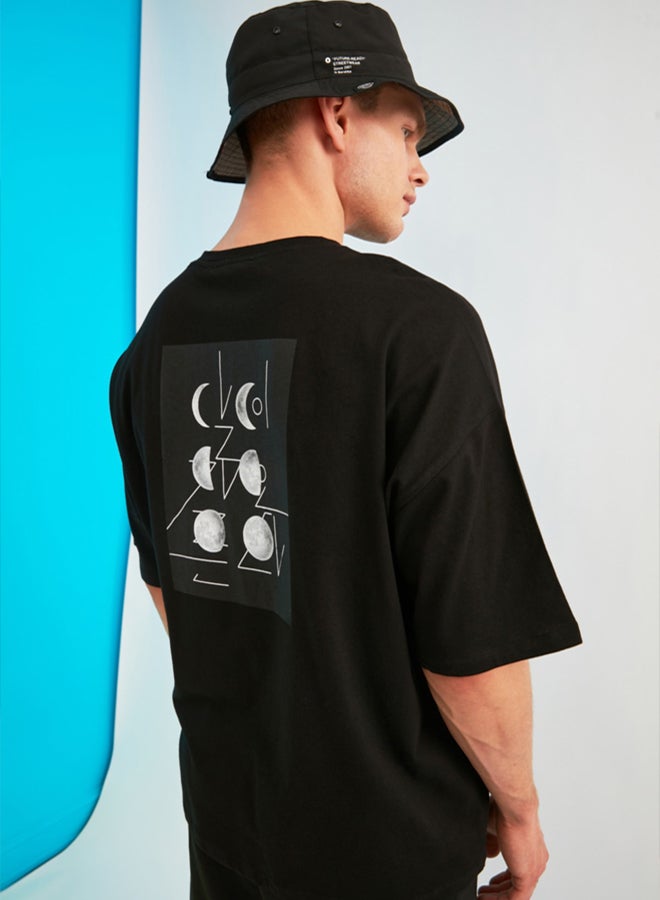 trendyol Black Oversize/Wide Cut Short Sleeve Space Print 100% Cotton T-Shirt - Image 3