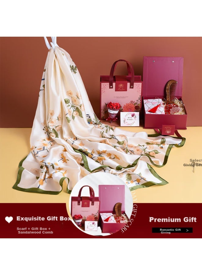 Hang Silk House Hangsi Mansion Silk Scarf Gift Box Set, Two-piece Scarf Shawl For Mother's Birthday Mother's Day Gift Women Practical Summer Wooden Comb - Image 1