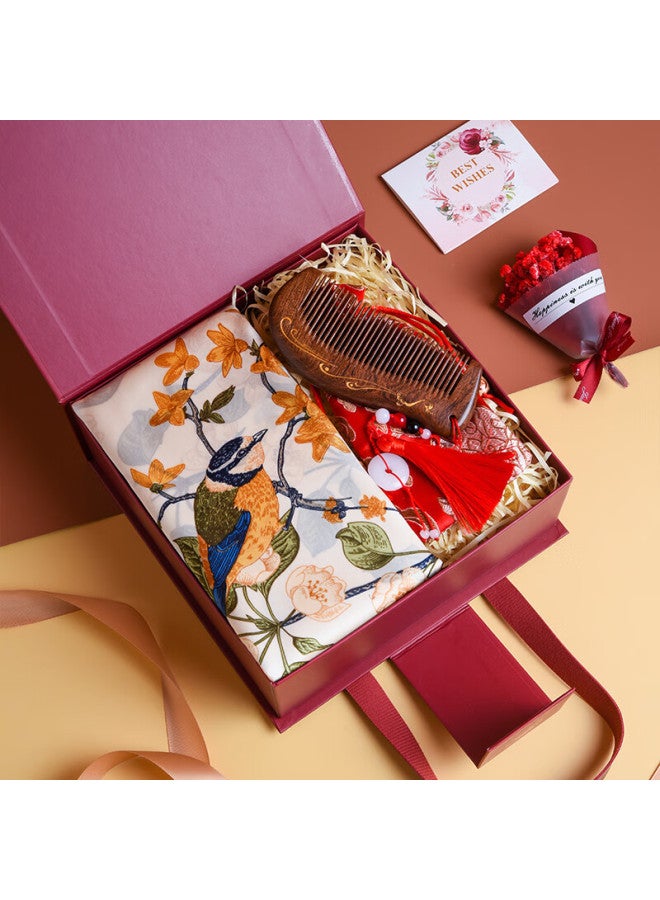 Hang Silk House Hangsi Mansion Silk Scarf Gift Box Set, Two-piece Scarf Shawl For Mother's Birthday Mother's Day Gift Women Practical Summer Wooden Comb - Image 2