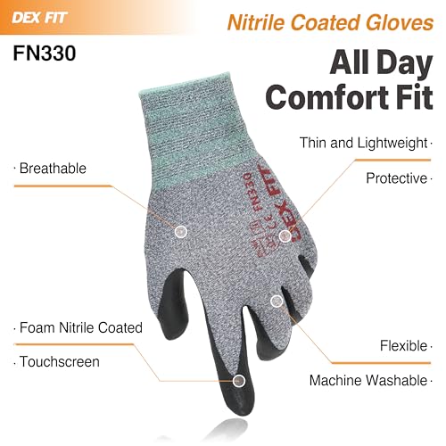 DEX FIT Premium Nitrile Work Gloves FN330, 3D Comfort Bare-Hand Fit, Firm Grip, Touchscreen, Thin & Lightweight, Breathable Foam Nitrile, Machine Washable; Grey XXL (11) - Image 4