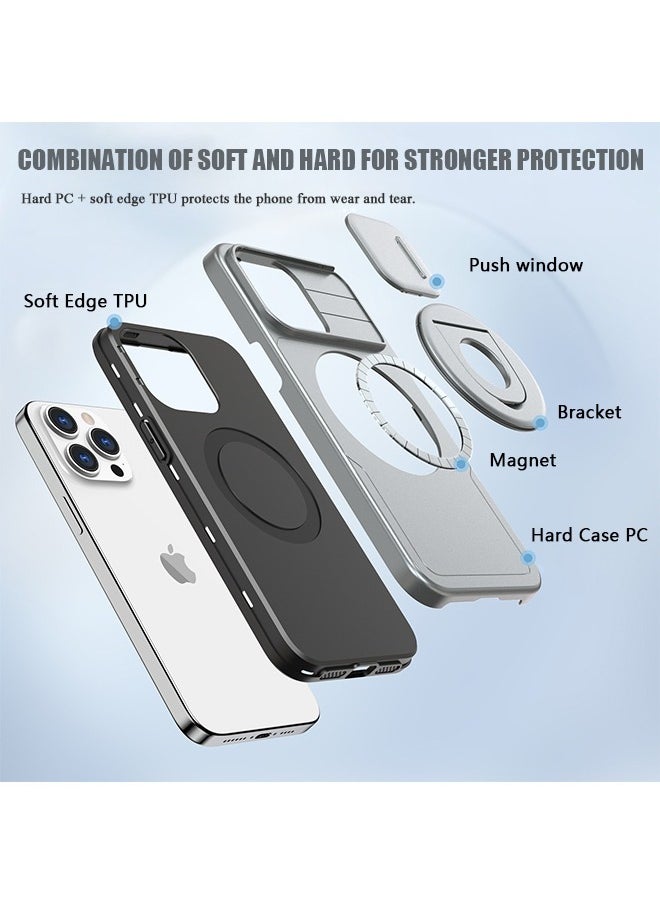 iPhone 13 Pro Max Magnetic Case, Shockproof Protection Cover with Lens Cap and Invisible Stand, Matte Slim Phone Case (Gray)