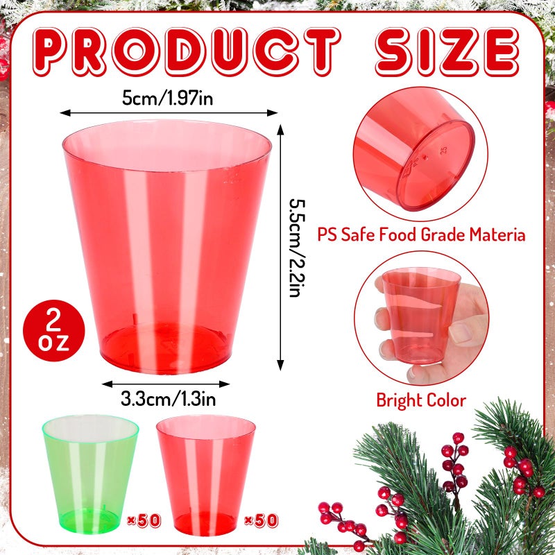 Whaline Whaline 100Pcs Christmas Plastic Shot Cups 2oz Red Green Clear Mini Shot Glasses Small Xmas Party Cups Reusable for Beer Drinks Snacks Samples Tastings - Image 1