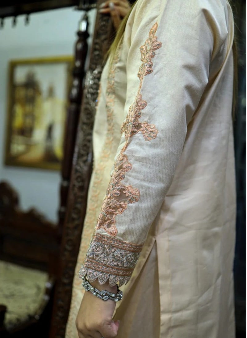 وينشيلز قماش مطرز من القطن الباكستاني الفاخر - أنيق وجودة ممتازة، لون بيج، مقاس متوسط - Image 3