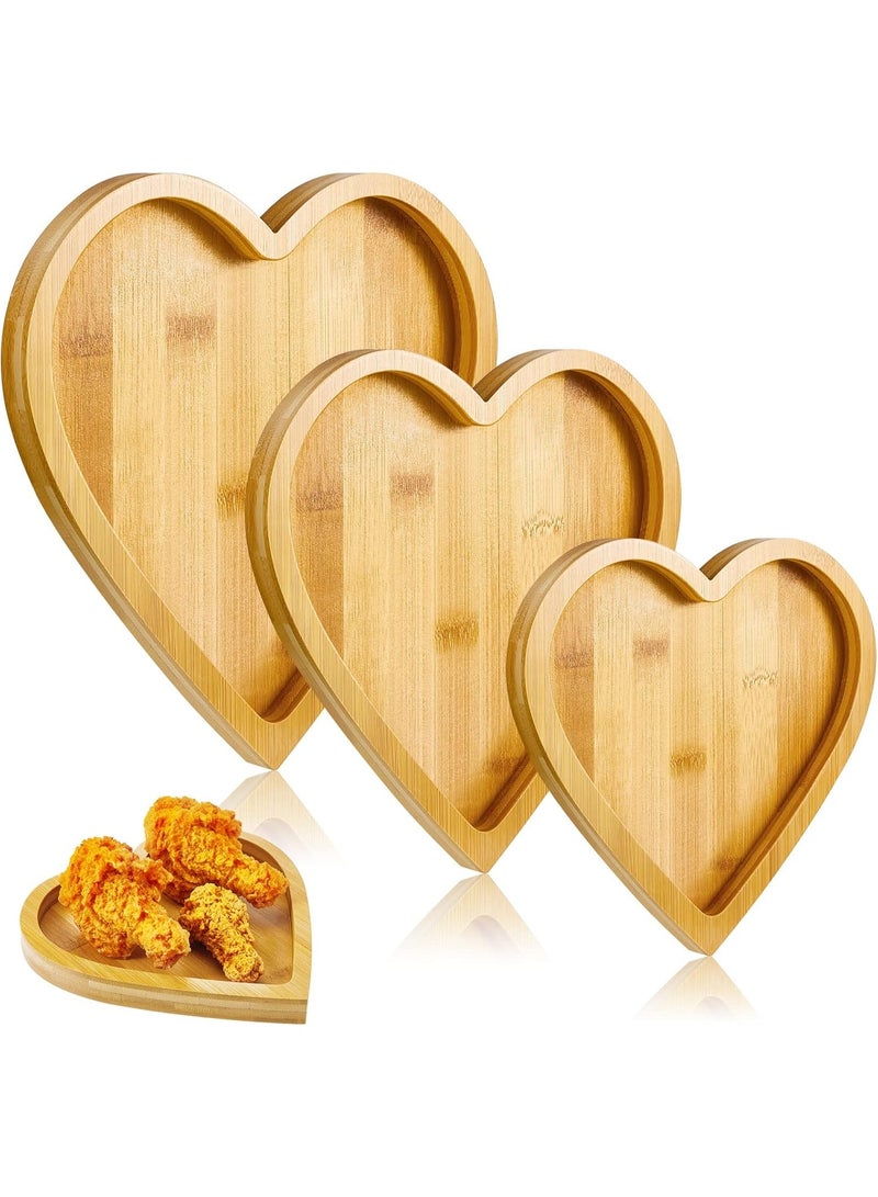 Heart Shaped Bamboo Wooden Tray for Serving Food, Fruit, Snacks, and Cheese for Restaurants, 3 Pieces - Image 1