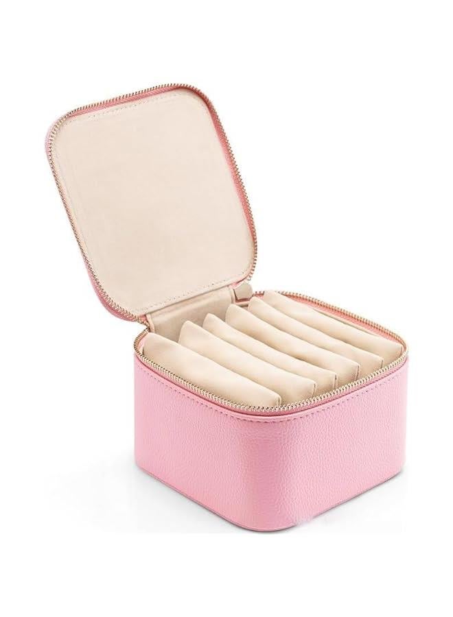 جيليز صندوق مجوهرات للنساء من الميكاكوز الجلد الصناعي مع 6 اكياس مخملية بسحاب منظم للقلائد والخواتم موزع مريح للسفر للاقراط والمسمار بينك جلد سويدي - Image 3