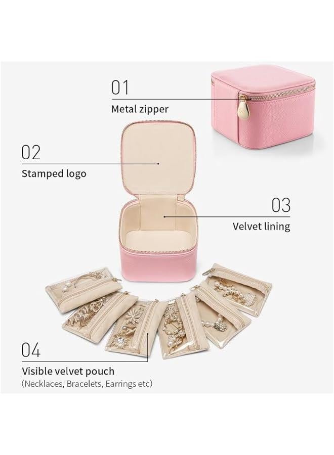 جيليز صندوق مجوهرات للنساء من الميكاكوز الجلد الصناعي مع 6 اكياس مخملية بسحاب منظم للقلائد والخواتم موزع مريح للسفر للاقراط والمسمار بينك جلد سويدي - Image 4