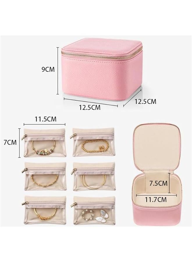 جيليز صندوق مجوهرات للنساء من الميكاكوز الجلد الصناعي مع 6 اكياس مخملية بسحاب منظم للقلائد والخواتم موزع مريح للسفر للاقراط والمسمار بينك جلد سويدي - Image 5