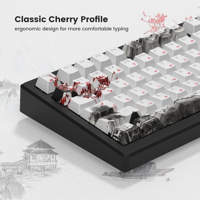 COSTOM Womier PBT Keycaps, Custom White Japanese Keyboard Keycaps, Cherry Profile, Doubleshot Side Print, 127 Keys, Cherry Blossom Pattern, Compatible with Anne Pro 2, TKL RK68, RK84, etc. - Image 5