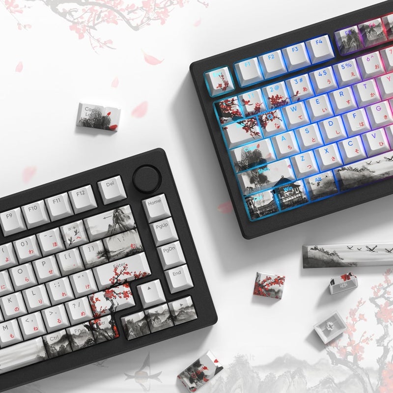 COSTOM Womier PBT Keycaps, Custom White Japanese Keyboard Keycaps, Cherry Profile, Doubleshot Side Print, 127 Keys, Cherry Blossom Pattern, Compatible with Anne Pro 2, TKL RK68, RK84, etc. - Image 3