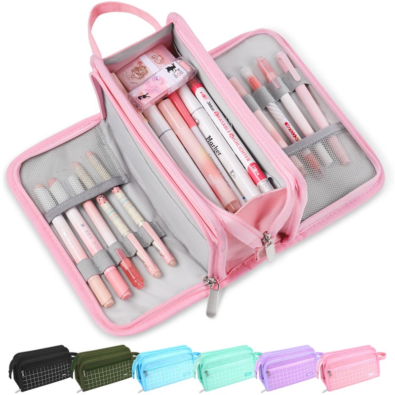 Sooez Large Pencil Case, Big Capacity Pencil Pouch Pen Bag with 3 Compartment, Portable Canvas Stationery Organizer with Zipper, Cute Aesthetic School Supplies For Teen Girls Boy College, Pink - Image 1