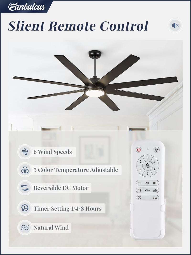 Fanbulous 65 Inch Ceiling Fans with Lights and Remote, Black Indoor/Outdoor Ceiling Fan with Quiet Reversible DC Motor, 6 Speeds, 3CCT, 8 Blades Large Ceiling Fan for Living Room Bedroom Patio - Image 2