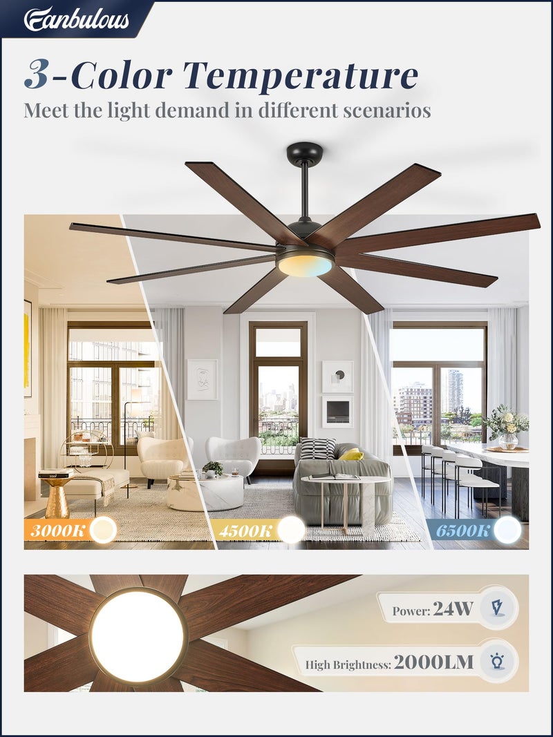 Fanbulous 65 Inch Ceiling Fans with Lights and Remote, Black Indoor/Outdoor Ceiling Fan with Quiet Reversible DC Motor, 6 Speeds, 3CCT, 8 Blades Large Ceiling Fan for Living Room Bedroom Patio - Image 3