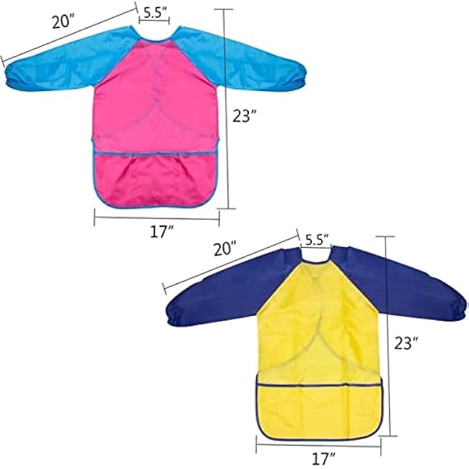 Mumoo Bear Kids Art Aprons,2Pcs Waterproof Children Painting Apron With Pockets, Long Sleeve Art Smock Artist Painting Aprons For Children Age 2 3 4 5 6 Boy Girl (Yellow + Pink) - Image 3