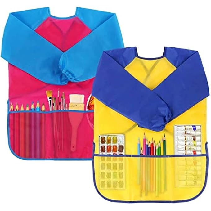 Mumoo Bear Kids Art Aprons,2Pcs Waterproof Children Painting Apron With Pockets, Long Sleeve Art Smock Artist Painting Aprons For Children Age 2 3 4 5 6 Boy Girl (Yellow + Pink) - Image 1