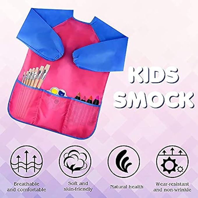 Mumoo Bear Kids Art Aprons,2Pcs Waterproof Children Painting Apron With Pockets, Long Sleeve Art Smock Artist Painting Aprons For Children Age 2 3 4 5 6 Boy Girl (Yellow + Pink) - Image 5