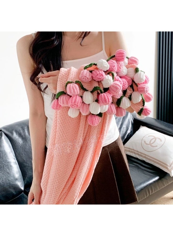 SKT Shiketro Woven Rose Bouquet Blanket, Nap Blanket Gift, Pink Blanket with Pink Flowers, 110cm - Image 1