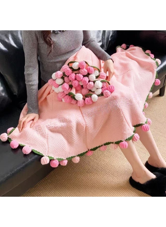 SKT Shiketro Woven Rose Bouquet Blanket, Nap Blanket Gift, Pink Blanket with Pink Flowers, 110cm - Image 2