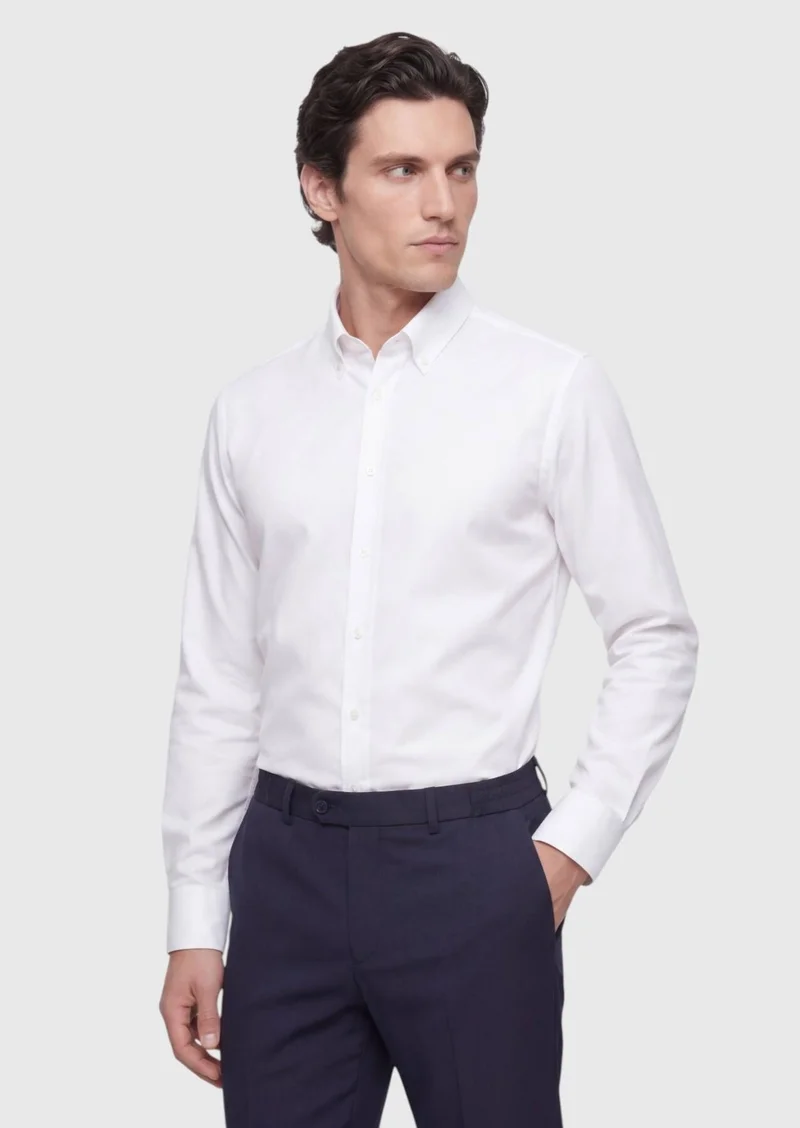 RAMSEY White Plain Regular Fit Long Weaving Classical 100% Cotton Shirt