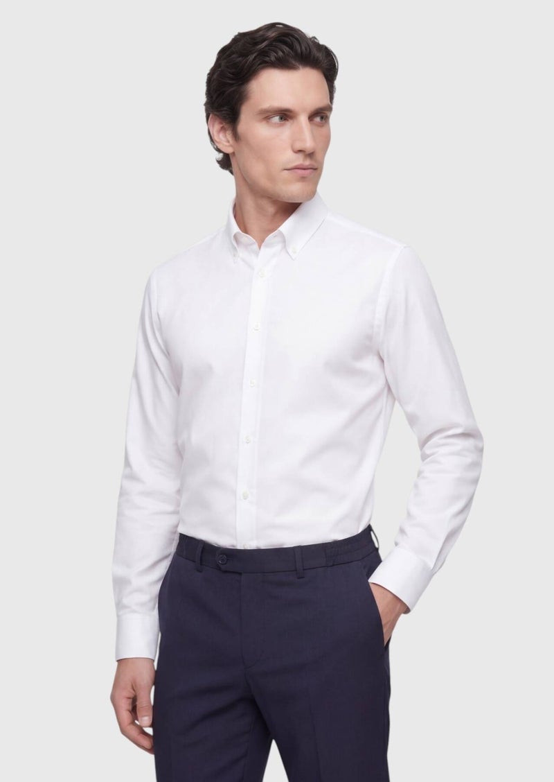 RAMSEY White Plain Regular Fit Long Weaving Classical 100% Cotton Shirt - Image 1
