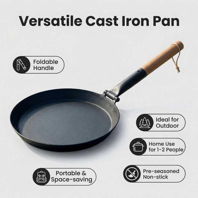 Keleday 8.2 Inch Cast Iron Frying Pan with Folding Detachable Handle Non Stick Lightweight Camping Skillet for Indoor Outdoor,Backpacking,Fits All Stovetops - Image 2