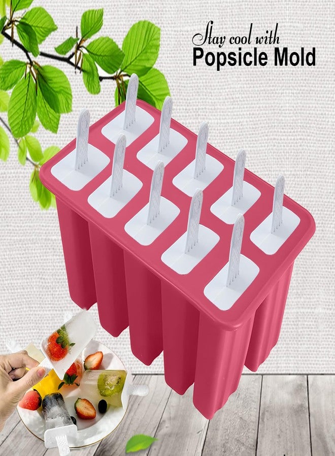 BRENSTEN Silicone Popsicle Molds 10 Pcs Ice Pop Maker Molds with 10 Reusable Sticks, Cleaning Brush and Funnel - Homemade Easy-Release Reusable Popsicle Moulds Shapes (Red) - Image 2