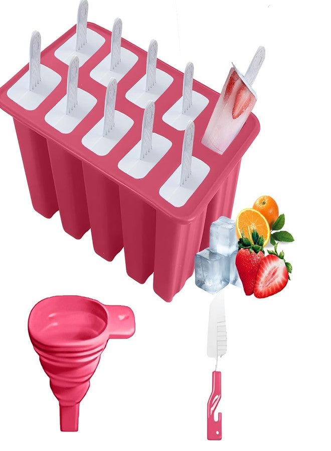 BRENSTEN Silicone Popsicle Molds 10 Pcs Ice Pop Maker Molds with 10 Reusable Sticks, Cleaning Brush and Funnel - Homemade Easy-Release Reusable Popsicle Moulds Shapes (Red) - Image 1