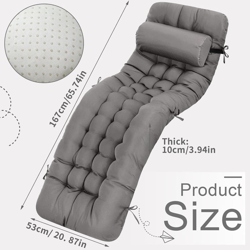 Tudomro 2 Pcs Dark Gray 66'' Outdoor Chaise Lounge Cushion Waterproof Patio Lawn Pool Chaise Lounge Cushion with Headrest Pillow & Ties Weather Fade Resistant Replacement Longue Chair Pad - Image 2