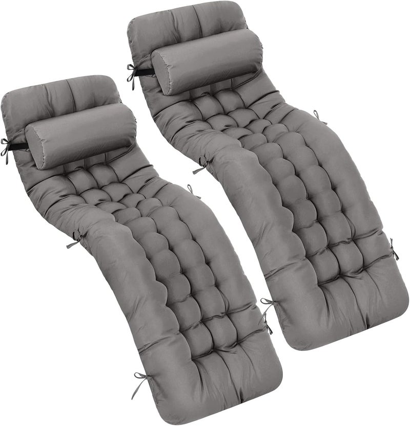 Tudomro 2 Pcs Dark Gray 66'' Outdoor Chaise Lounge Cushion Waterproof Patio Lawn Pool Chaise Lounge Cushion with Headrest Pillow & Ties Weather Fade Resistant Replacement Longue Chair Pad - Image 1