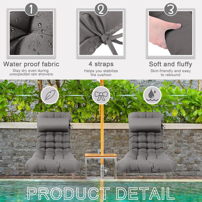 Tudomro 2 Pcs Dark Gray 66'' Outdoor Chaise Lounge Cushion Waterproof Patio Lawn Pool Chaise Lounge Cushion with Headrest Pillow & Ties Weather Fade Resistant Replacement Longue Chair Pad - Image 3