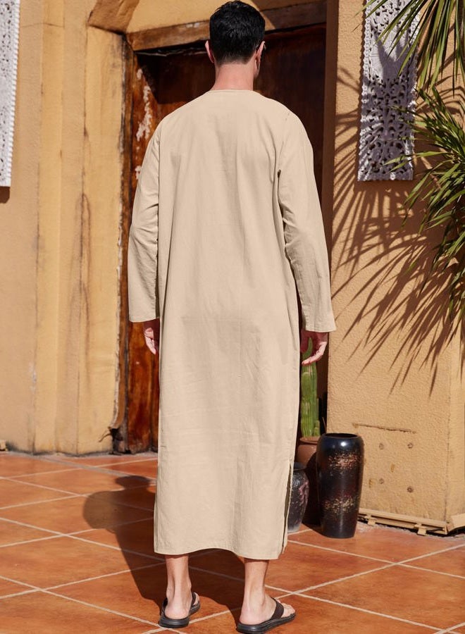 YAOHUOLE عباءة كفتان للرجال من الشرق الأوسط ثوب قطن كتان بياقة على شكل V بأكمام طويلة لون كاكي L - Image 5