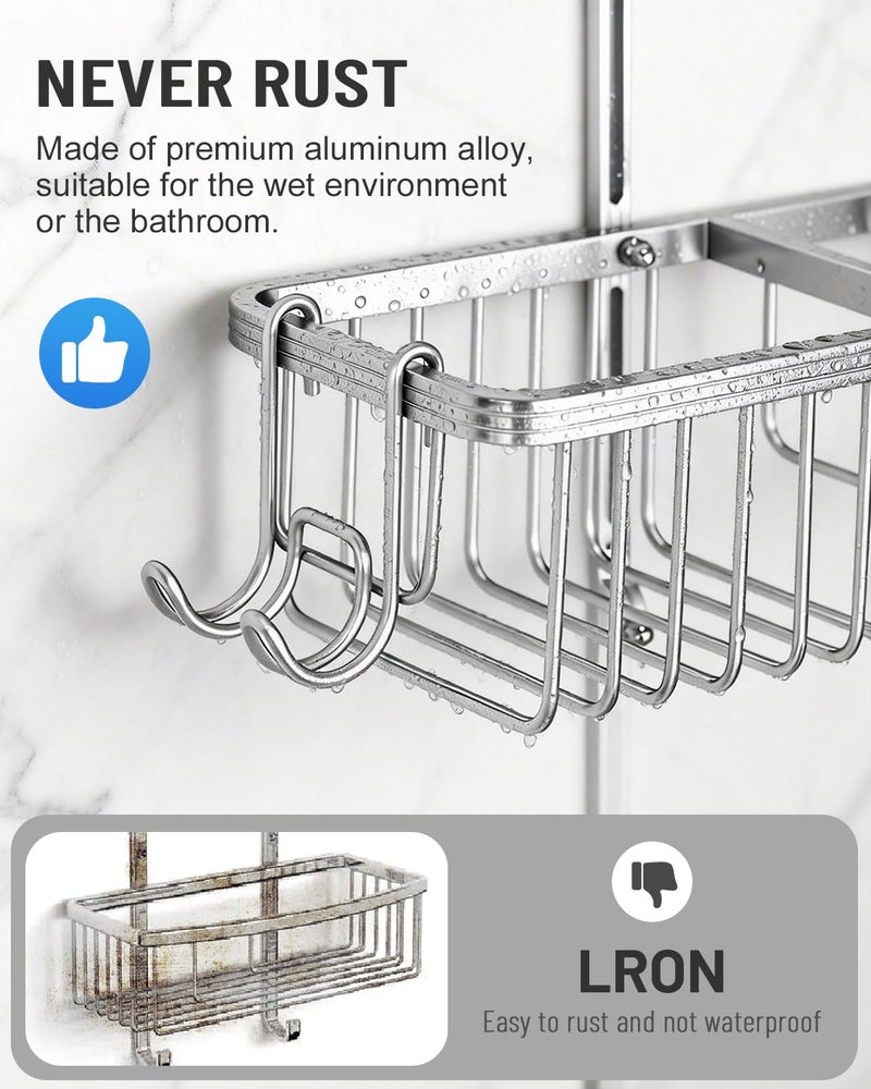 MSAICOE Adjustable Shower Caddy Hanging for Handheld Showerheads - Upgraded Never Rust Shower Hanging Organizer, Bathroom Shower Rack with Soap Basket, Hooks and Toothbrush Holder (Shiny Silver) - Image 5