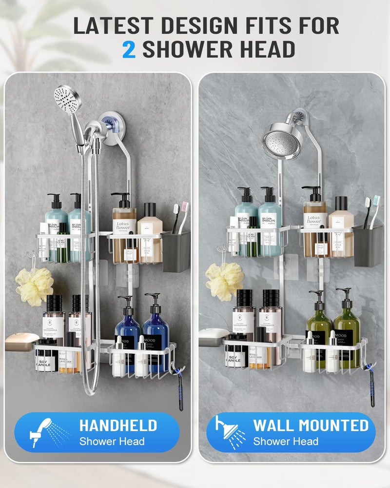 MSAICOE Adjustable Shower Caddy Hanging for Handheld Showerheads - Upgraded Never Rust Shower Hanging Organizer, Bathroom Shower Rack with Soap Basket, Hooks and Toothbrush Holder (Shiny Silver) - Image 3