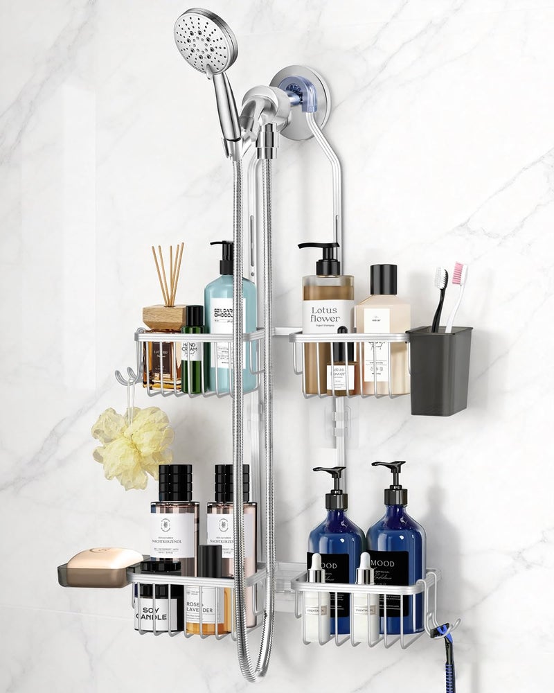 MSAICOE Adjustable Shower Caddy Hanging for Handheld Showerheads - Upgraded Never Rust Shower Hanging Organizer, Bathroom Shower Rack with Soap Basket, Hooks and Toothbrush Holder (Shiny Silver) - Image 1