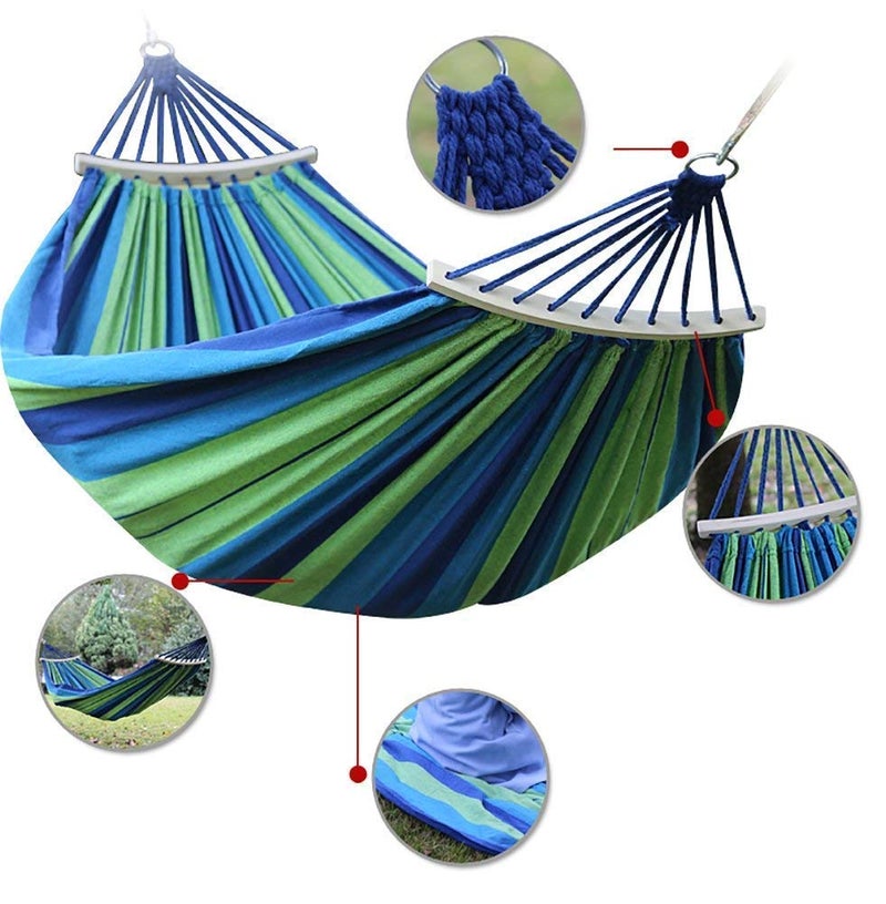 we3 Canvas Fabric Camping Hammock with Carrying Bag for Patio Porch Garden Backyard Lounging Outdoor/Indoor Hammock (Blue, Wooden Stripe 280 * 100) - Image 2