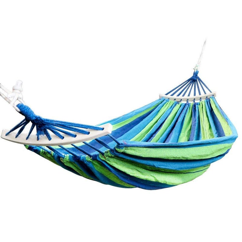 we3 Canvas Fabric Camping Hammock with Carrying Bag for Patio Porch Garden Backyard Lounging Outdoor/Indoor Hammock (Blue, Wooden Stripe 280 * 100) - Image 1
