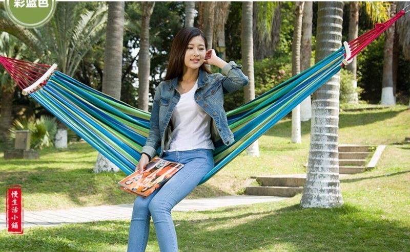 we3 Canvas Fabric Camping Hammock with Carrying Bag for Patio Porch Garden Backyard Lounging Outdoor/Indoor Hammock (Blue, Wooden Stripe 280 * 100) - Image 5