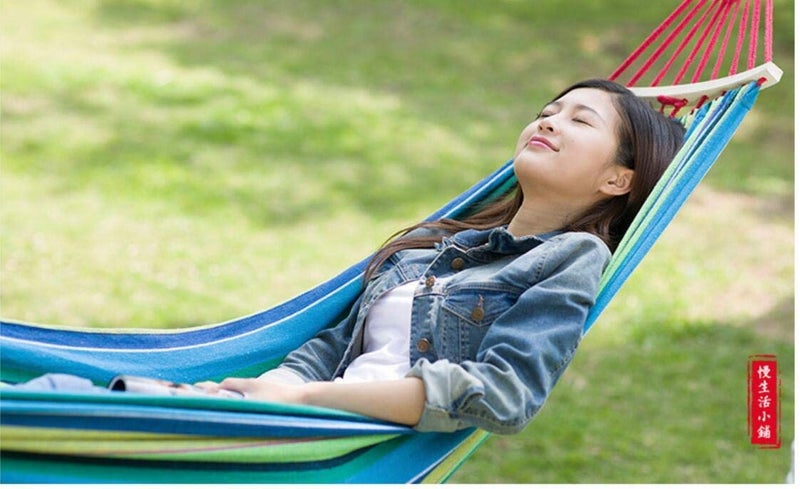 we3 Canvas Fabric Camping Hammock with Carrying Bag for Patio Porch Garden Backyard Lounging Outdoor/Indoor Hammock (Blue, Wooden Stripe 280 * 100) - Image 4