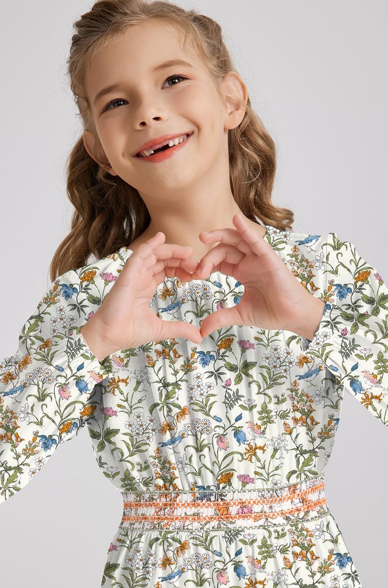 tiny sugar Girls Floral Smocked Waist Dress Church Holiday Playwear Soft Midi Dress with Pockets Flower Bird Green-8y - Image 2