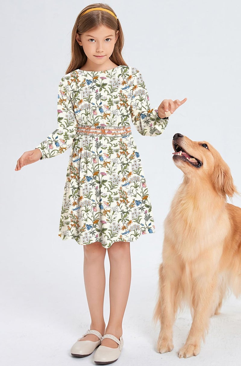 tiny sugar Girls Floral Smocked Waist Dress Church Holiday Playwear Soft Midi Dress with Pockets Flower Bird Green-8y - Image 5
