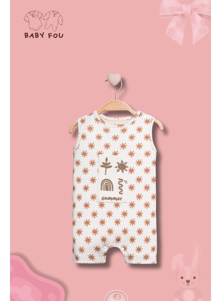Baby Sleeveless Cotton Romper | Infant Boys & Girls Jumpsuit with Sun & Nature Print | Comfortable Playwear & Sleepwear | 3–12 Months