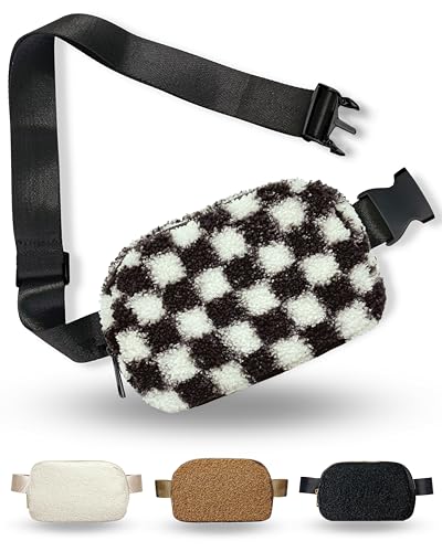 CITRUSY Boutique Fleece Belt Bag | Sherpa Checkered Crossbody Fanny Pack for Women | Fashionable Cute Waist Pack | Small Chest Bag | Gold Accessories | Adjustable Extended Strap | Black Checker - Image 1