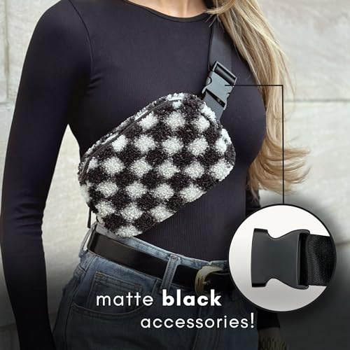 CITRUSY Boutique Fleece Belt Bag | Sherpa Checkered Crossbody Fanny Pack for Women | Fashionable Cute Waist Pack | Small Chest Bag | Gold Accessories | Adjustable Extended Strap | Black Checker - Image 2