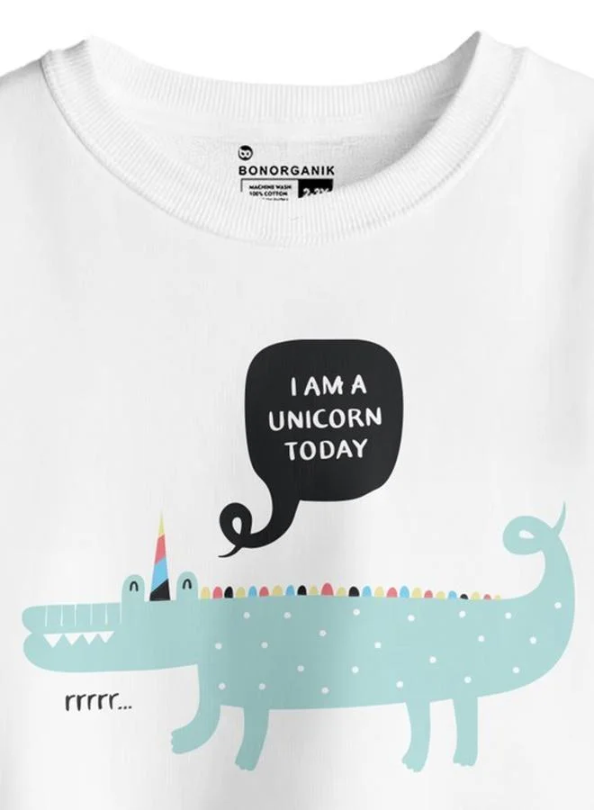 Bonorganik Girl's White 100% Cotton Printed Oversized T-Shirt