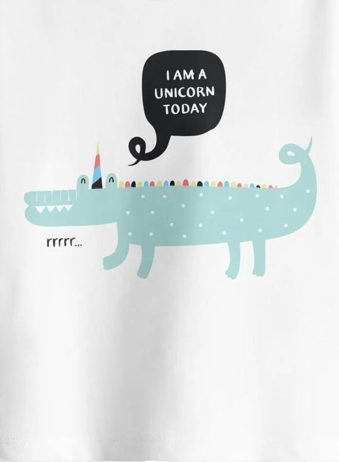 Bonorganik Girl's White 100% Cotton Printed Oversized T-Shirt