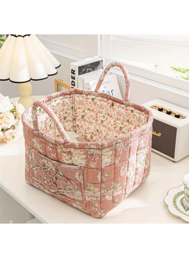 Floral Fabric Storage Basket Pink Portable Washable Organizer With Fabric Lined Interior - Image 1