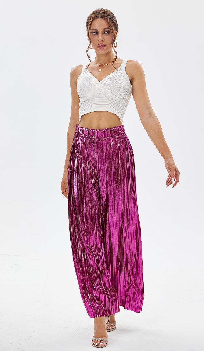 heipeiwa Women's Shiny Pleated Wide Leg Pants Party Nightout High Waist Trouser Folded Lightweight Outfit Clubwear Hot Pink - Image 3